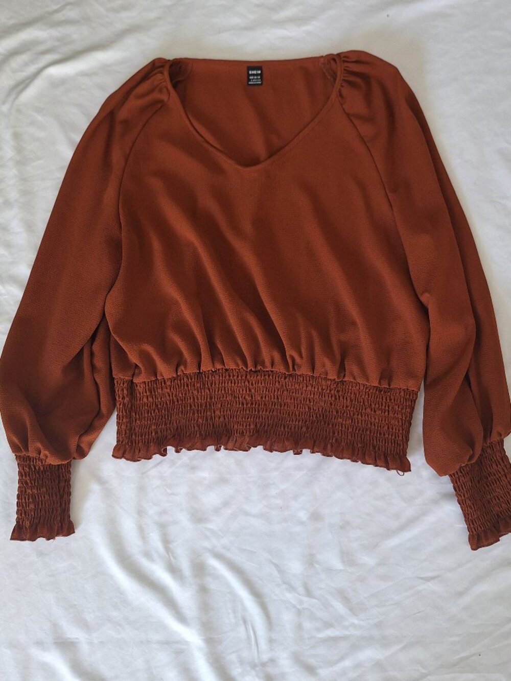 SHEIN Womens Long Sleeve Burnt Orange Blouse Shirt W/Ribbed Trim Large